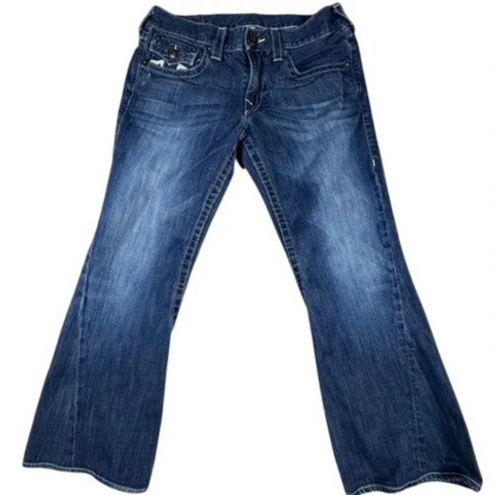 True Religion Jeans M 34 Joey Flare Dark Wash Horseshoe Flap Pocket Twisted Seam